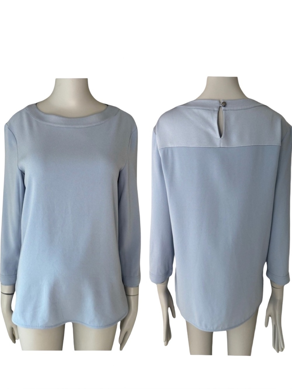 BOGNER Colette Powder Blue Crepe Blouse 3/4 Sleeve Scoop Neck Size 4